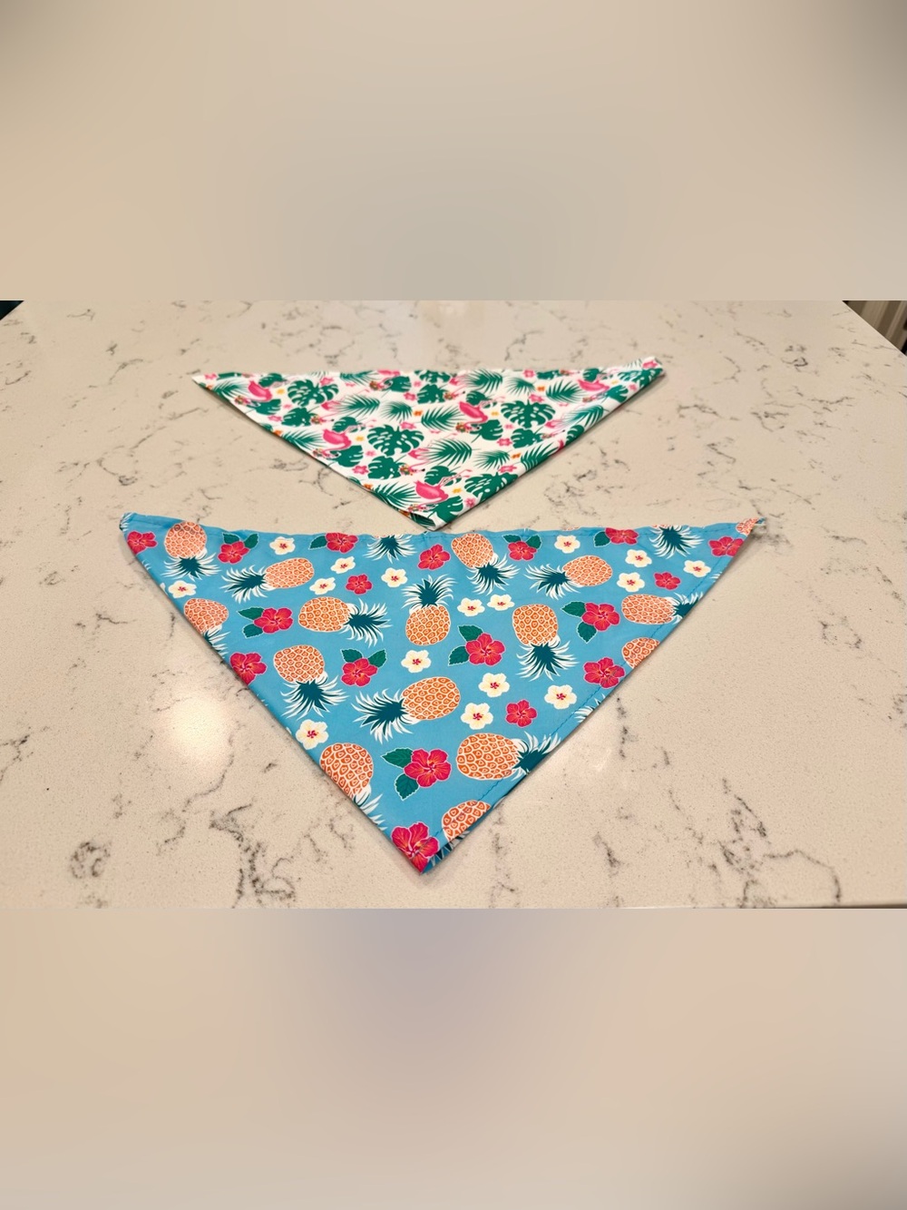 Set of 2 Tropical Print Dog Bandanas - flamingo and pineapple with hibiscus